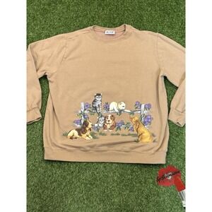 Vintage‎ Blair Crewneck Women XL Tan Animals Cats Dogs Floral Sweatshirt